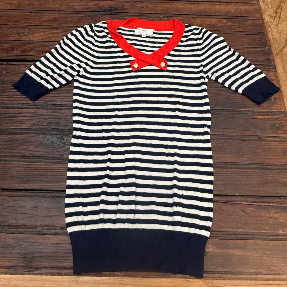 Hi There Karen Walker XS Navy White Striped Red V-Neck Knit Top Gold Buttons